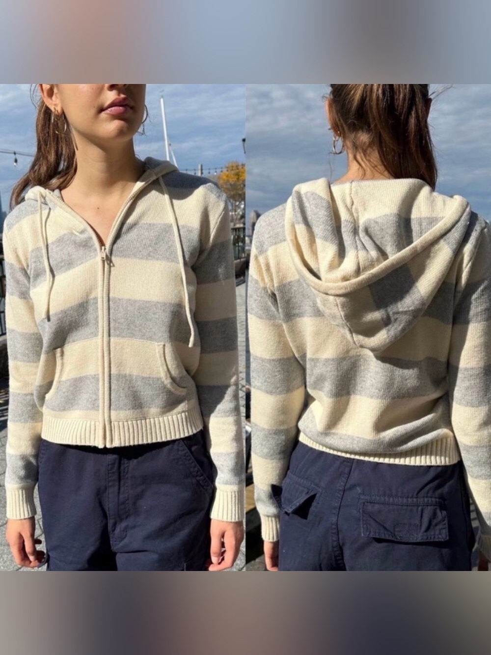 Brandy Melville Striped Hooded Zip-Up Sweater Jacket - Cream & Gray